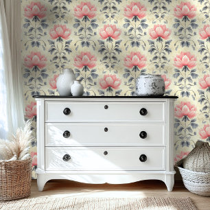 Papel pintado floral de loto rosa y gris damasco a