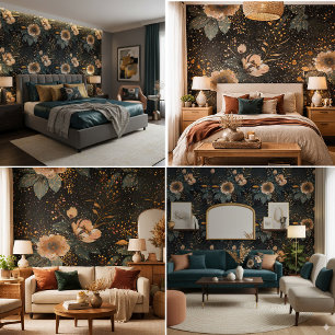 Papel Pintado Floral de melocotón punteado en negro