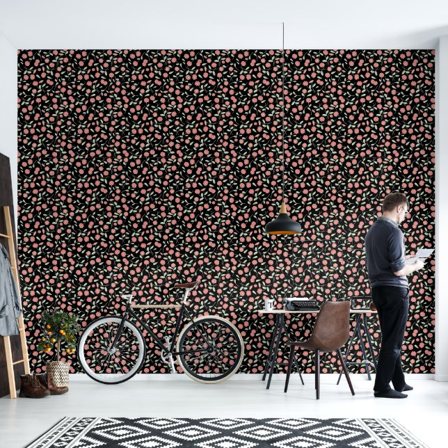 Papel Pintado Floral de primavera negro (Sala de estar)