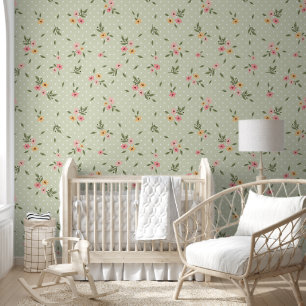 Papel pintado floral de punto verde rosa