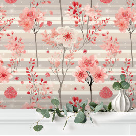 Papel pintado floral de rayas gris rosa elegante