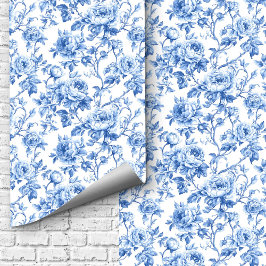 Papel pintado floral de rosas toile azul grandmill