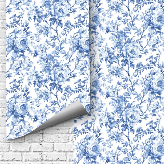 Papel pintado floral de rosas Toile francés azul r (Romantic Blue French Toile Roses Floral Wallpaper Design)