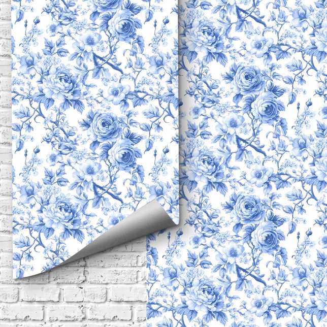 Papel pintado floral de rosas Toile francés azul r (Royal Blue French Toile Roses Floral Wallpaper Design)