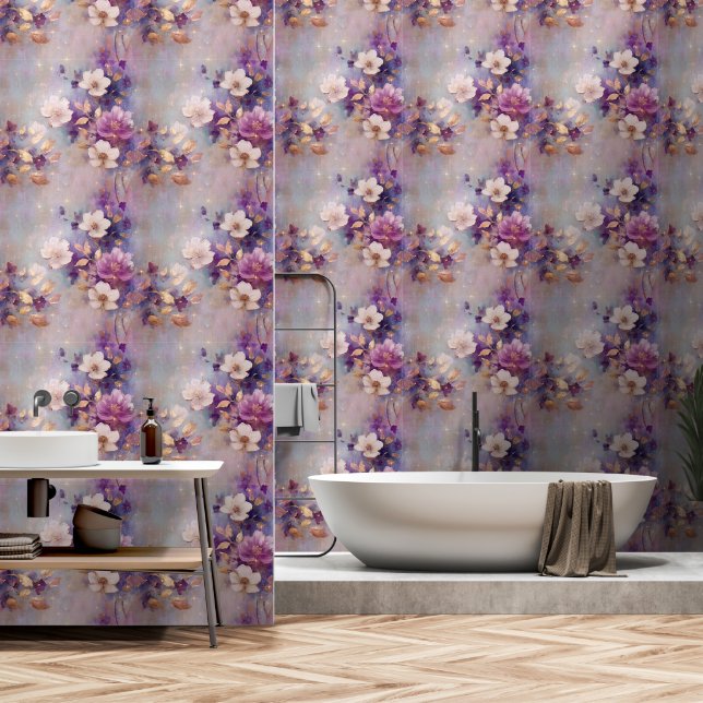 Papel Pintado Floral dorada morada blanca (Baño)