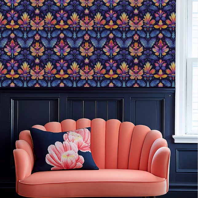Papel Pintado Floral Fairycore Whimsical Blue, Purple & Naranja (Fairycore Whimsical Blue, Purple, & Orange Floral Wallpaper above a coral scalloped sofa.)