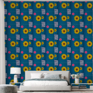 Papel pintado floral flores amarillo azul