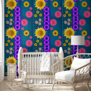 Papel pintado floral flores amarillo púrpura