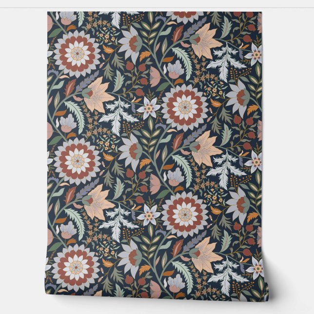 Papel Pintado Floral india Moody Boho con fondo azul oscuro (Desenrollar)