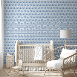 Papel Pintado Floral leopard Peacock azul y Chinoiserie blanca
