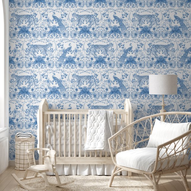 Papel Pintado Floral leopard Peacock azul y Chinoiserie blanca (Niños)