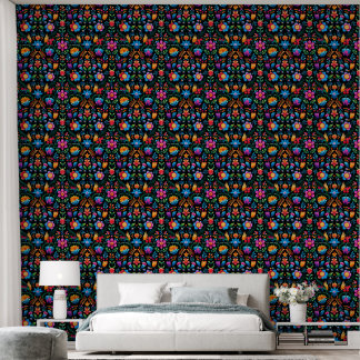 Papel Pintado Floral Mexicano sobre Negro