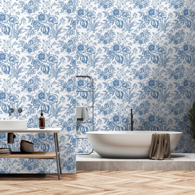 Papel Pintado Floral moderna de Chinoiseries azul y blanco (Baño)