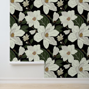 Papel Pintado Floral moderna de magnolia blanca sobre negro