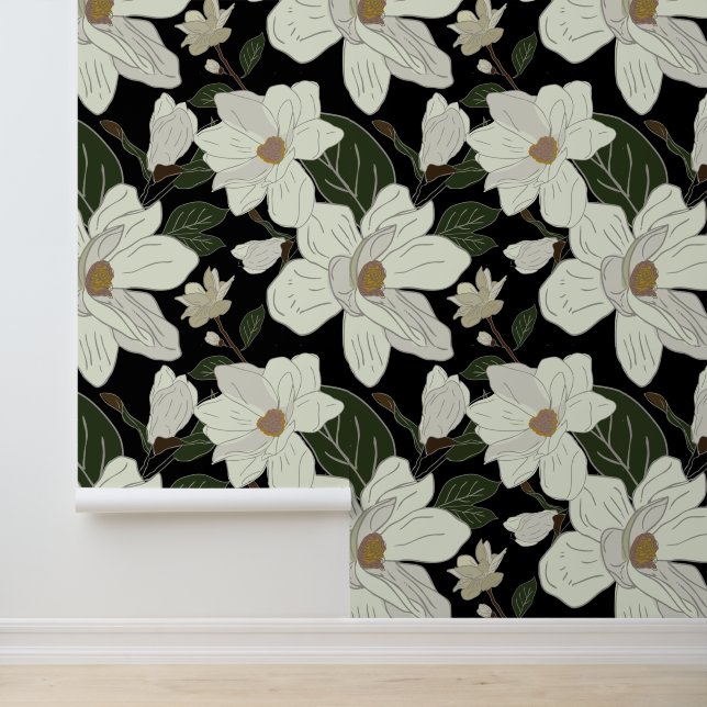 Papel Pintado Floral moderna de magnolia blanca sobre negro (Solicitud)