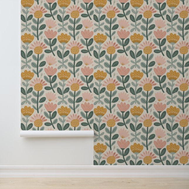 Papel Pintado Floral moderno amarillo rosa (Solicitud)
