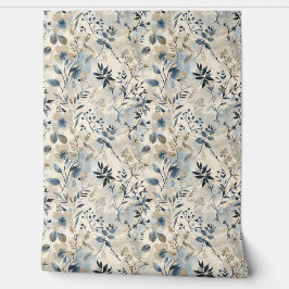 Papel Pintado Floral Neutral Azul Vintage
