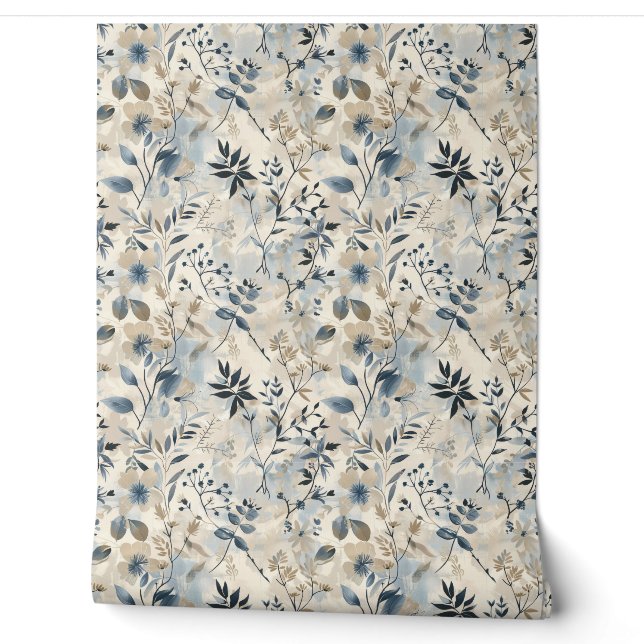 Papel Pintado Floral Neutral Azul Vintage (Desenrollar)