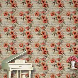 Papel Pintado Floral Notas Musicales Patrón Rojo Y Palo