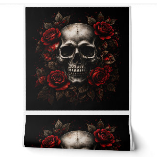Papel pintado floral oscuro de cráneo gótico y ros
