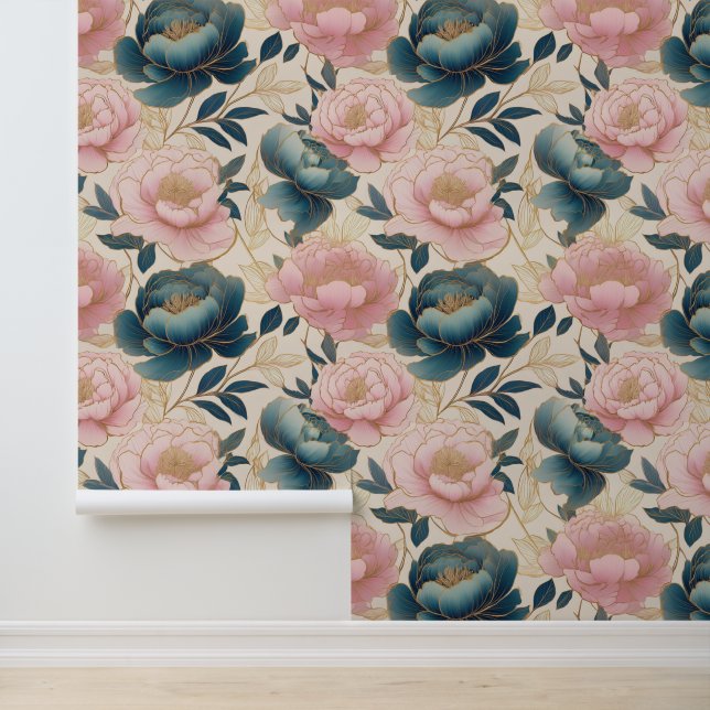 Papel Pintado Floral Peonies Blue Pink Gold en crema (Solicitud)