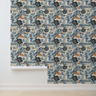 Papel Pintado Floral primaveral botánico azul moderno
