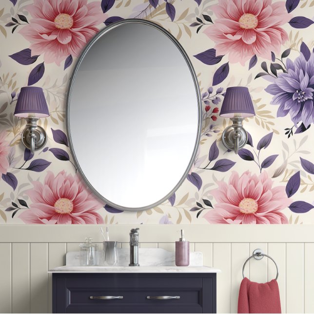 Papel Pintado Floral - Púrpura, Rosa, Beige - Glam (Radiant Harmony: Purple and Pink Botanical Peel and Stick Wallpaper )