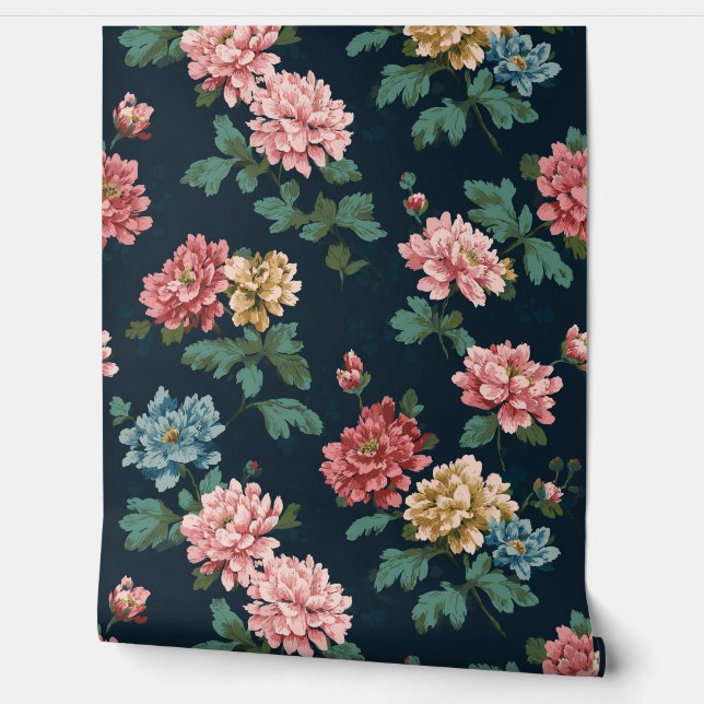 Papel Pintado Floral rosa y azul en negro (Desenrollar)