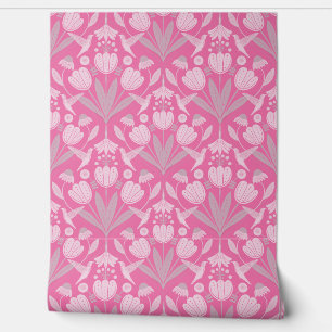 Papel Pintado Floral rosado femenino de pájaros colibríes escand