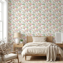Papel Pintado Floral silvestre de acuarela rosa verde