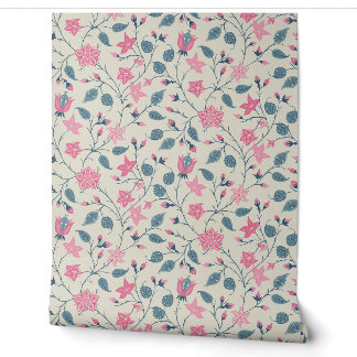 Papel Pintado Floral Trasero - Paisley - Rosa Suave y Azul Polvo