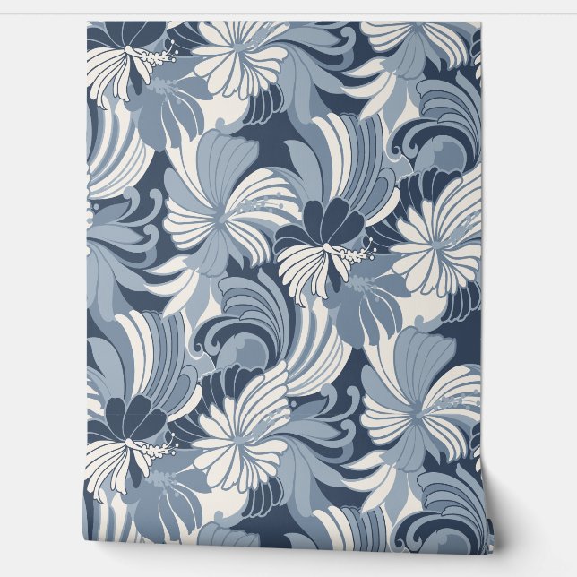 Papel Pintado Floral tropical hawaiana de selva hibiscus - Denim (Desenrollar)