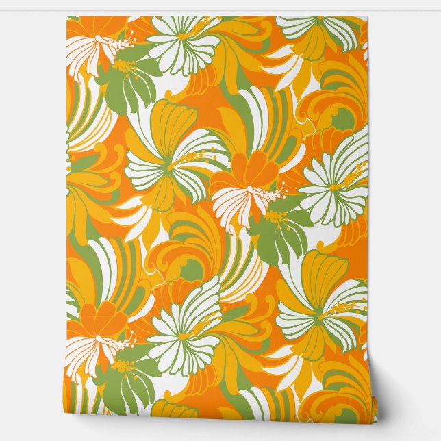 Papel Pintado Floral tropical hawaiana de selva hibiscus - Naran (Desenrollar)