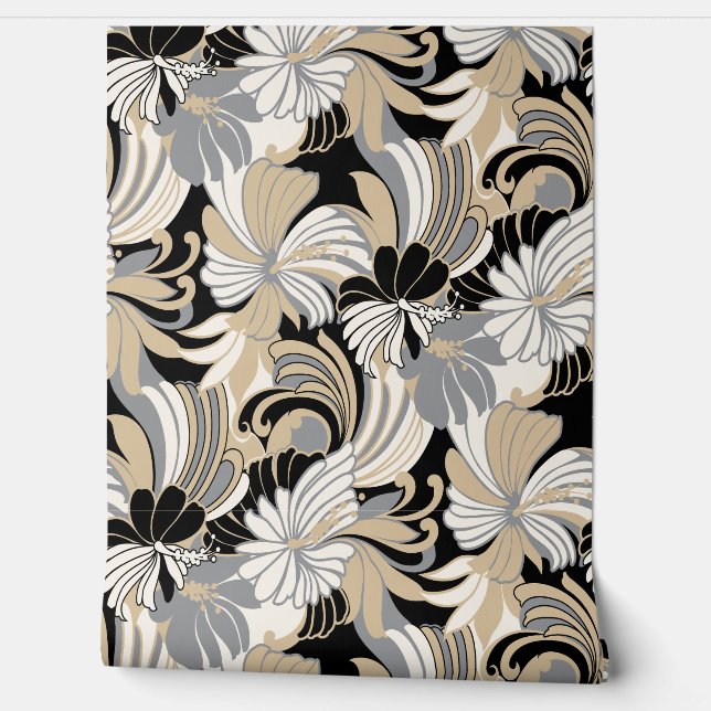 Papel Pintado Floral tropical hawaiana de selva hibiscus - Neutr (Desenrollar)