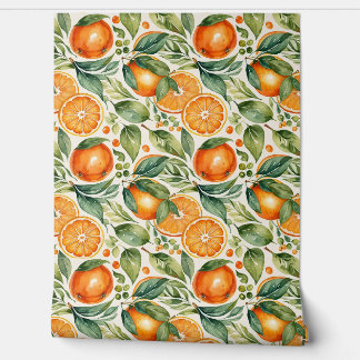 Papel Pintado Floral Watercolor Orange Citrus Botanical Pattern