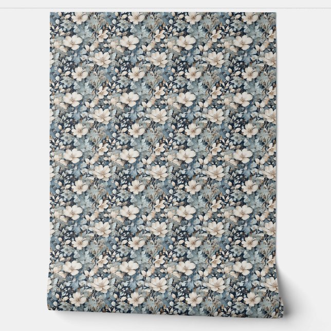 Papel Pintado Florales de época en tonos azules (Desenrollar)