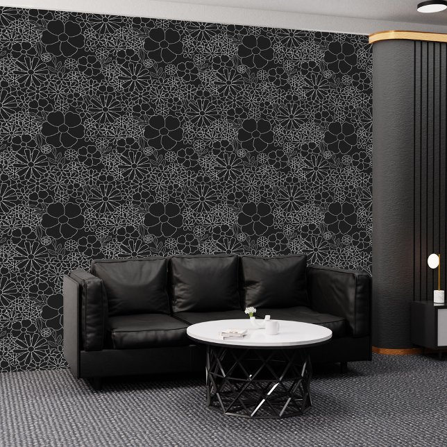 Papel Pintado Florecer en la oscuridad: Moda girasol blanco y ne (Blooming in Darkness: Chic Black & White Sunflower Wallpaper)