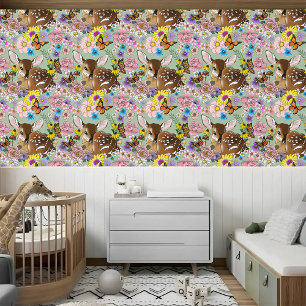 Papel Pintado Florecillas Silvestres Cervatillo Azul Bebé Ciervo