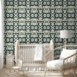 Papel Pintado Florecimiento del Art Deco<br><div class="desc">Esta obra de arte presenta un intrincado patrón inspirado en el diseño art déco, caracterizado por el flujo de líneas simétricas y formas geométricas. El diseño se presenta en una refinada paleta de profundos acentos verde azulados, crema y oro sutil, creando un ambiente sofisticado y elegante. Los motivos repetidos forman...</div>
