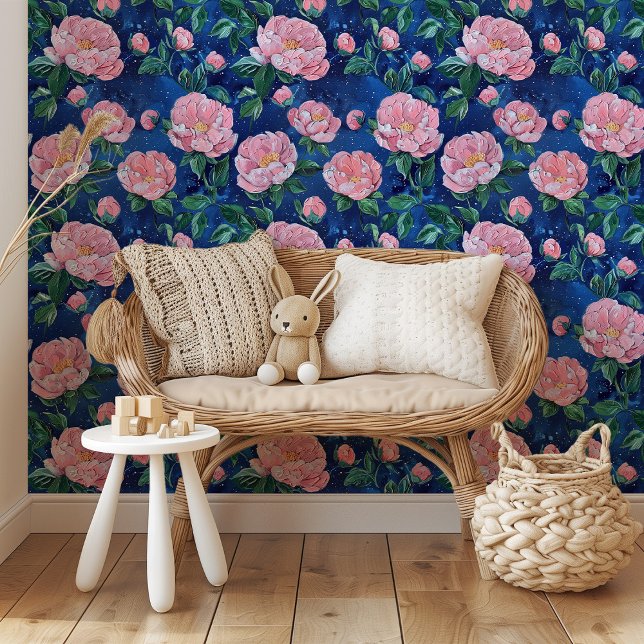 Papel Pintado Florecimiento estrellado: Peonías rosadas en azul  (Subido por el creador)