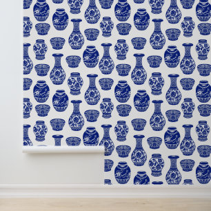 Papel Pintado Floreros de porcelana china azul y blanca