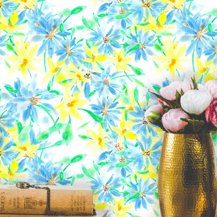 Papel Pintado Flores acuáticas pintadas a mano en azul y amarill