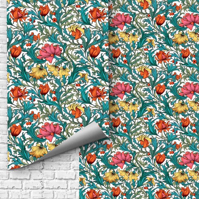 Papel Pintado Flores amarillas rosas inspiradas en William Morri (William Morris inspired pink blue yellow flowers Wallpaper)