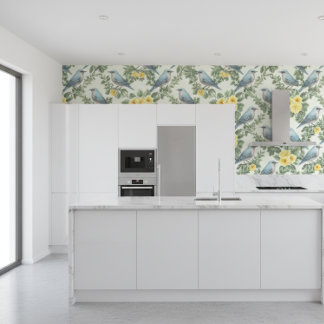 Papel Pintado Flores Amarillas Y Pájaros Azules