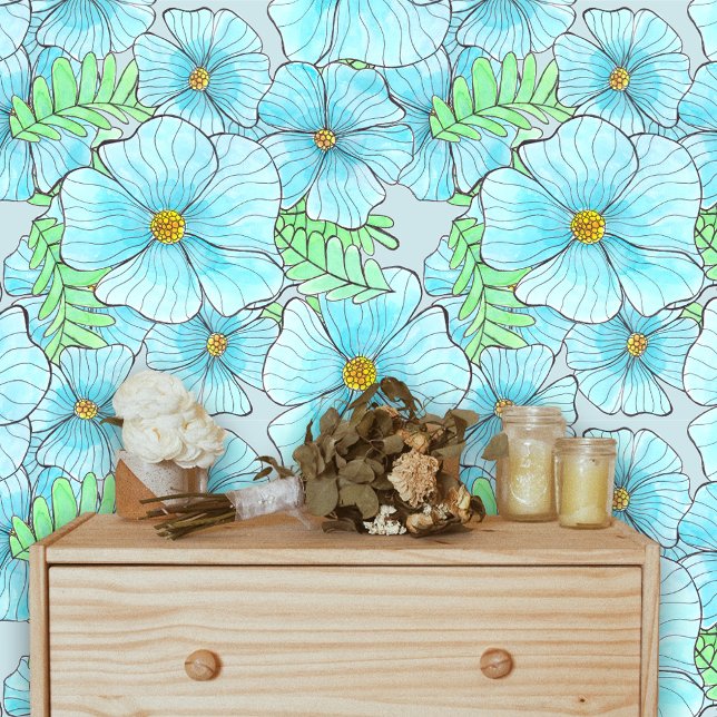 Papel Pintado Flores azules de acuarela bohemias y elegantes (Subido por el creador)