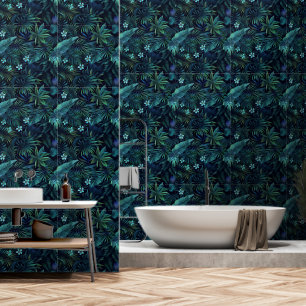 Papel Pintado Flores azules de hojas tropicales