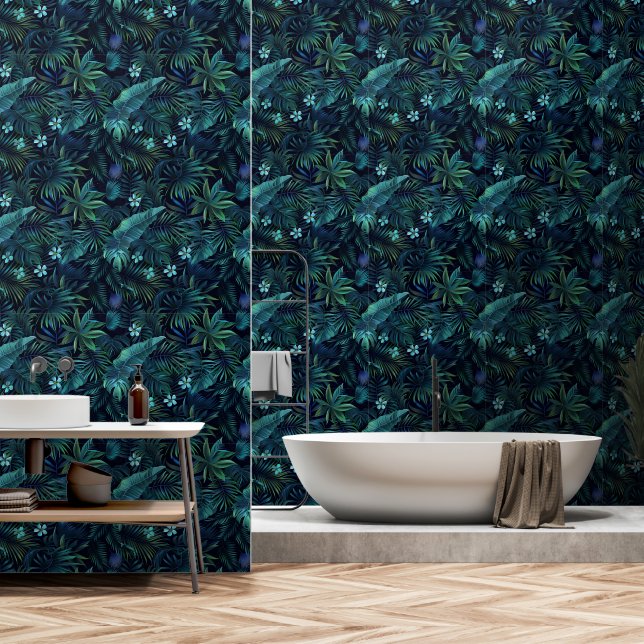 Papel Pintado Flores azules de hojas tropicales (Baño)