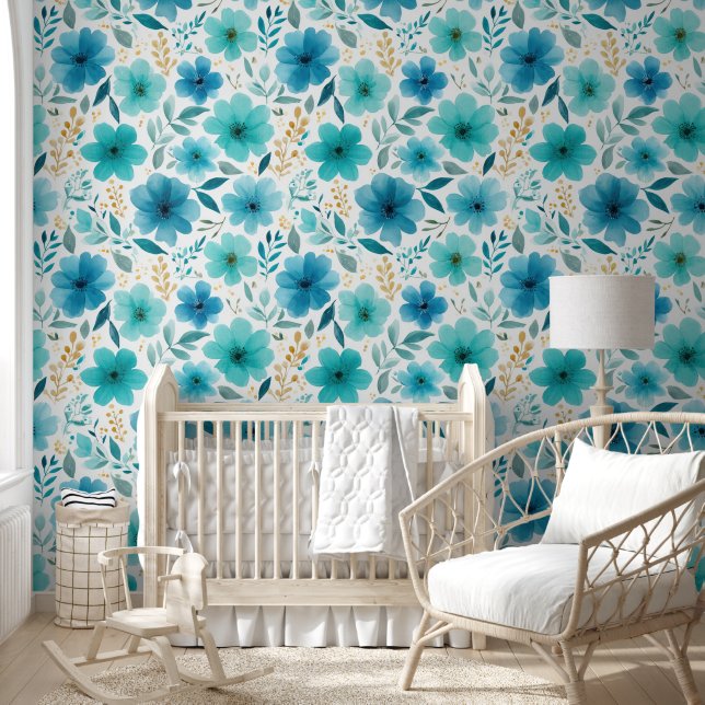 Papel Pintado Flores azules florecientes Elegante acuarela botán (Niños)