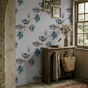 Papel Pintado Flores Azules Rayas Acuarela Gris Claro Vintage 
