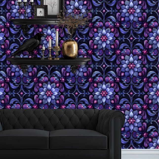 Papel Pintado Flores azules y moradas grandes de Whimsigoth (Whimsigoth Purple & Blue Floral Damask wallpaper behind a black couch.)